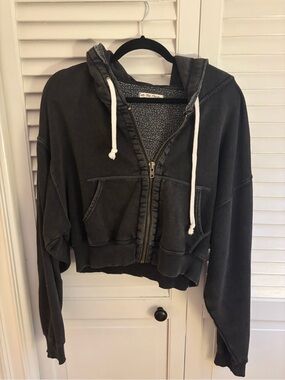 We The Free Washed Charcoal Cropped Zip Hoodie with Drawstrings